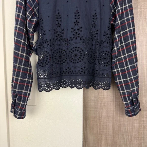 Sea New York‎ Navy Wool Plaid Peekaboo Shirt with Eyelet Back - Picture 10 of 13